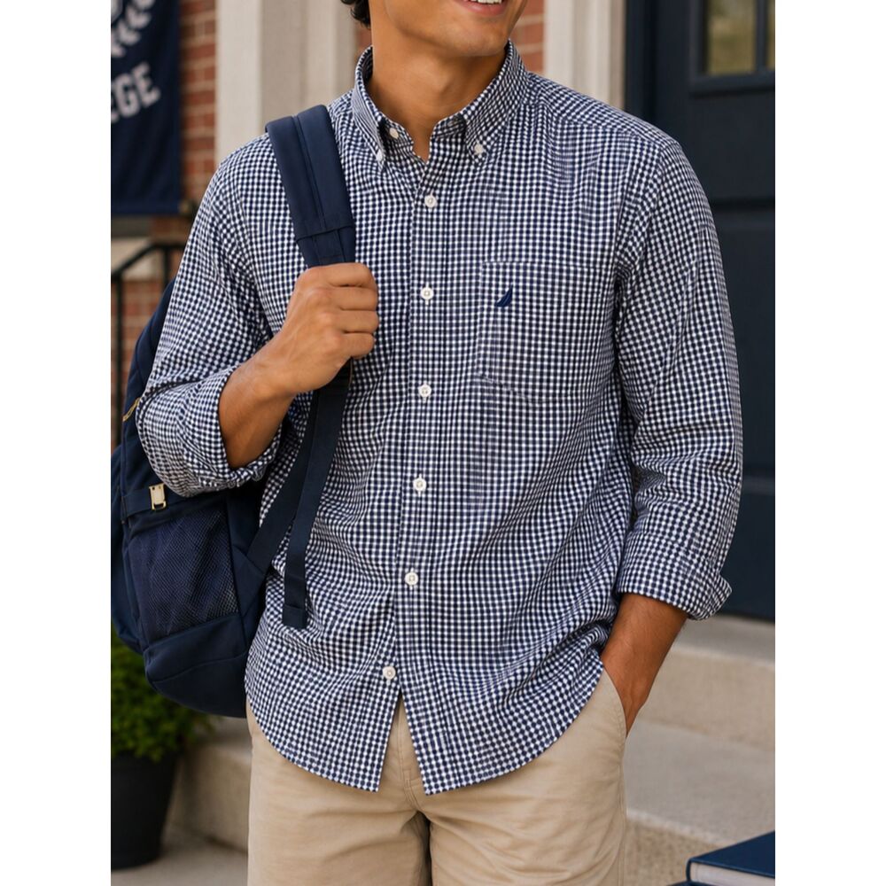 Nautica Flex Slim Fit Gingham Button Down Shirt Men's L Blue Wrinkle Resistant